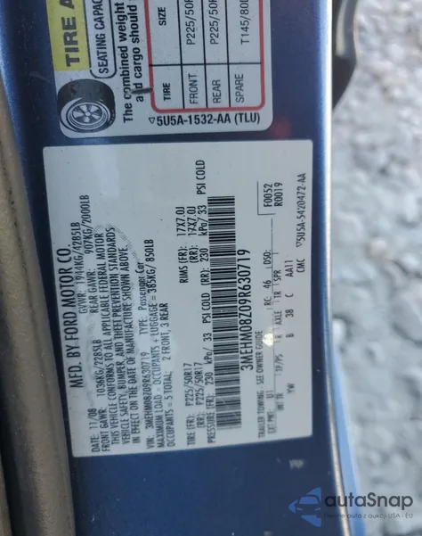 2009 Mercury Milan Premier from USA, damaged, VIN 3MEHM08Z09R630719